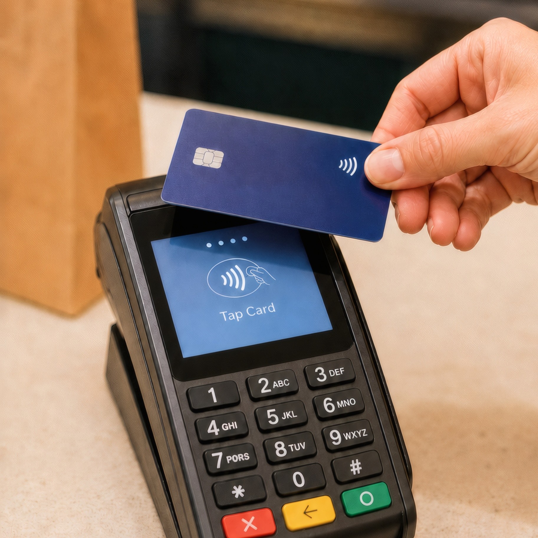 A chip card being tapped against a POS device.